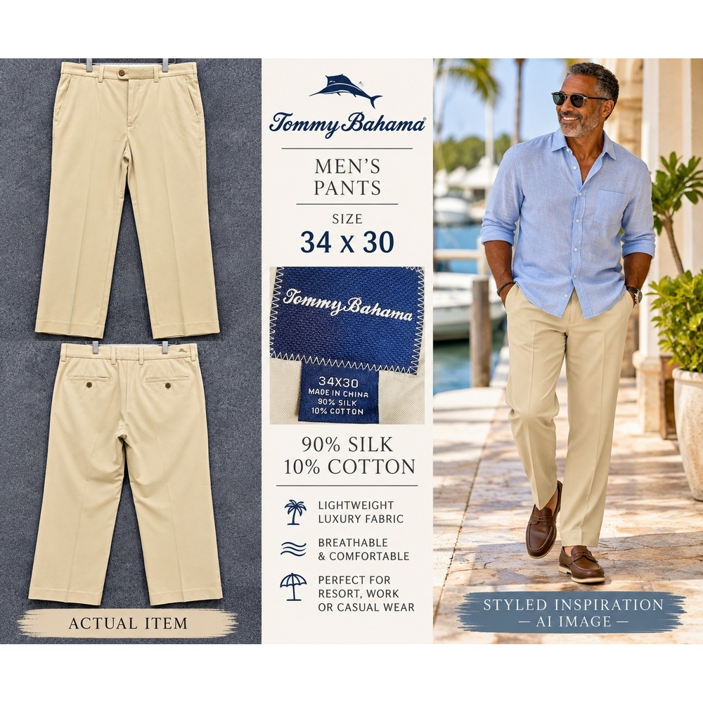 Tommy Bahama Pants Mens Silk Cotton Blend Tan 34x30 Excellent Resort Coastal